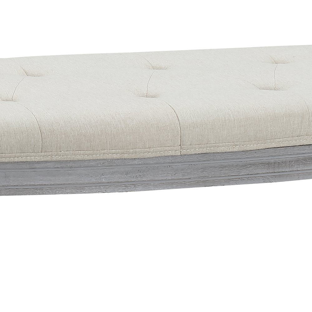 Coastal Button Tufted Light Beige Upholstered Bench with Weathered Gray Legs. Picture 4