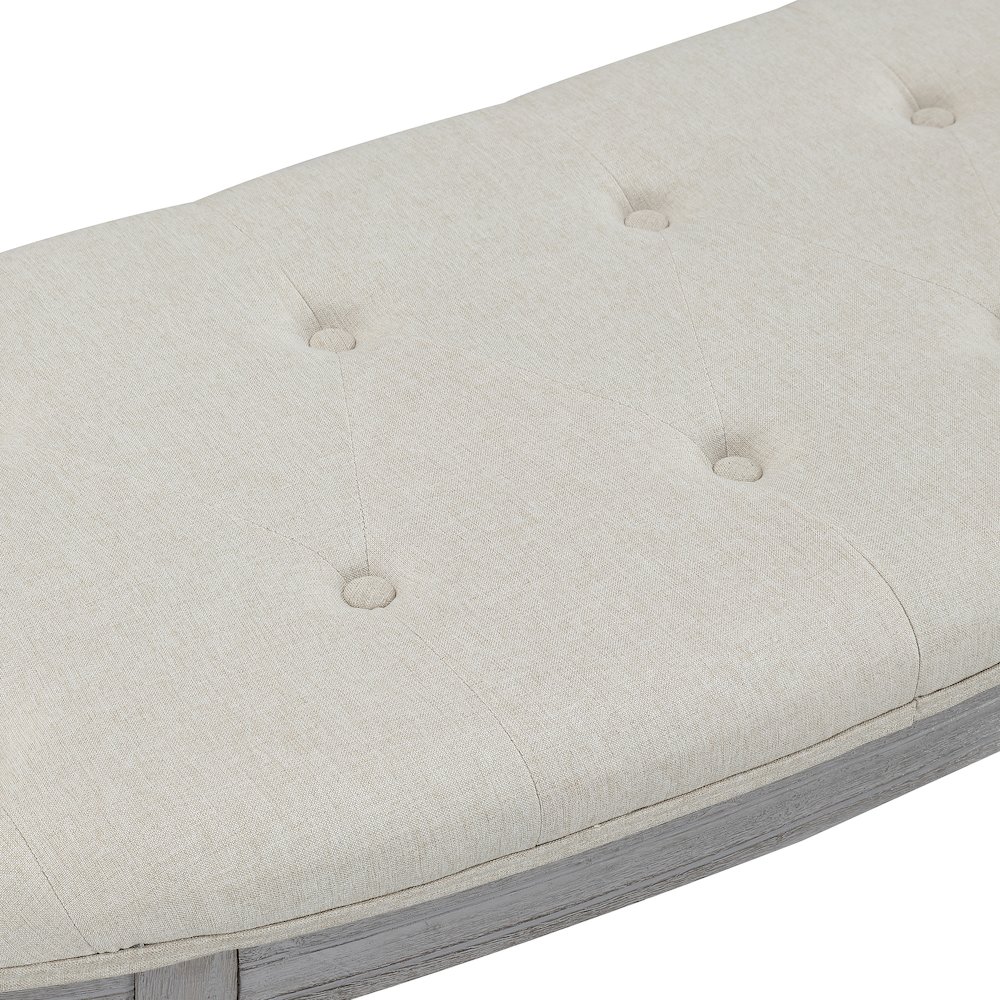 Coastal Button Tufted Light Beige Upholstered Bench with Weathered Gray Legs. Picture 5
