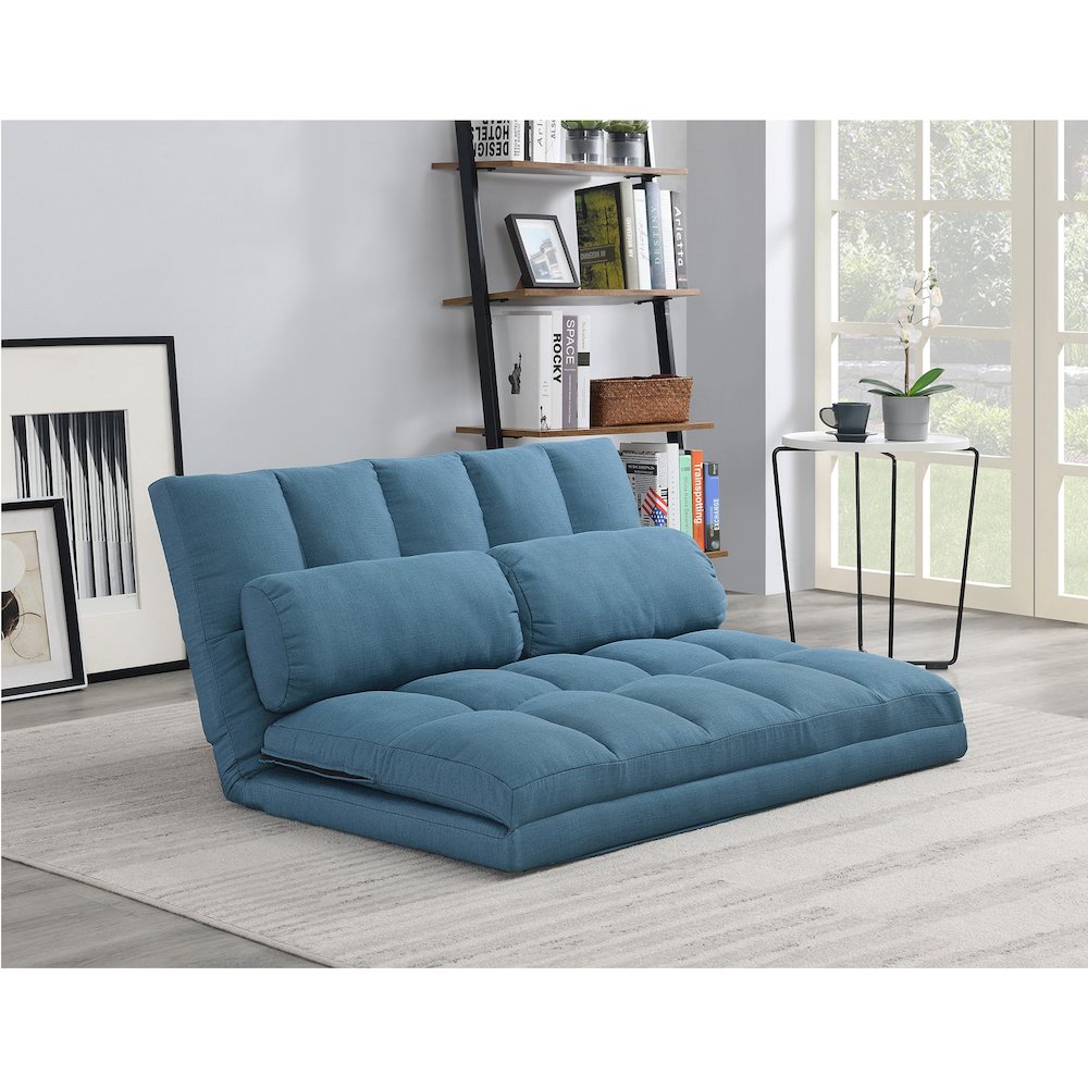 Tri-Fold Foam Folding Mattress and Sofa Bed with Pillows, Blue. Picture 2