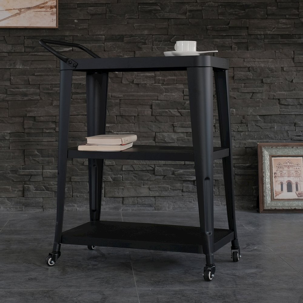 3-Tiered Metal Frame, Industrial Dining Cart with Swivel Wheels, Black. Picture 2