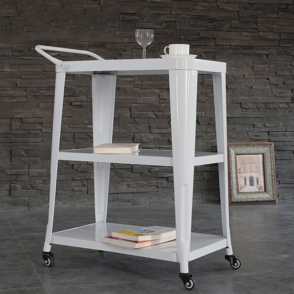 3-Tiered Metal Frame, Industrial Dining Cart with Swivel Wheels, White. Picture 2
