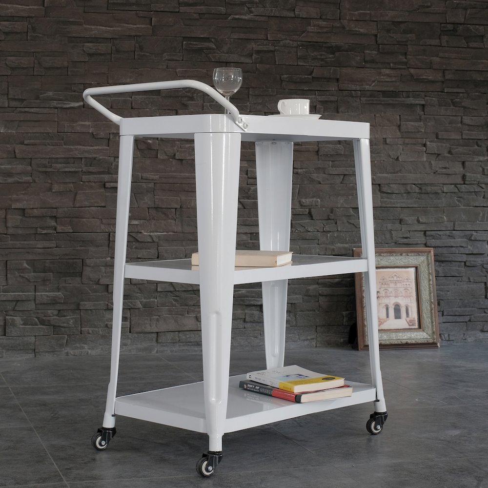 3-Tiered Metal Frame, Industrial Dining Cart with Swivel Wheels, White. Picture 3