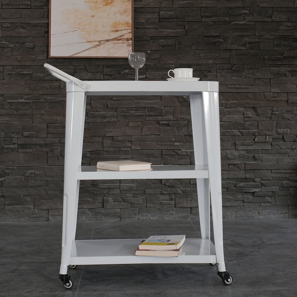 3-Tiered Metal Frame, Industrial Dining Cart with Swivel Wheels, White. Picture 4