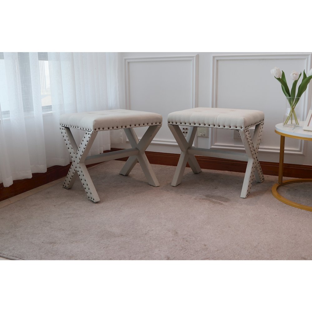 Modern Chic Vanity Stool X-Base Ottoman With Nailhead Trim (Set of 2). Picture 2