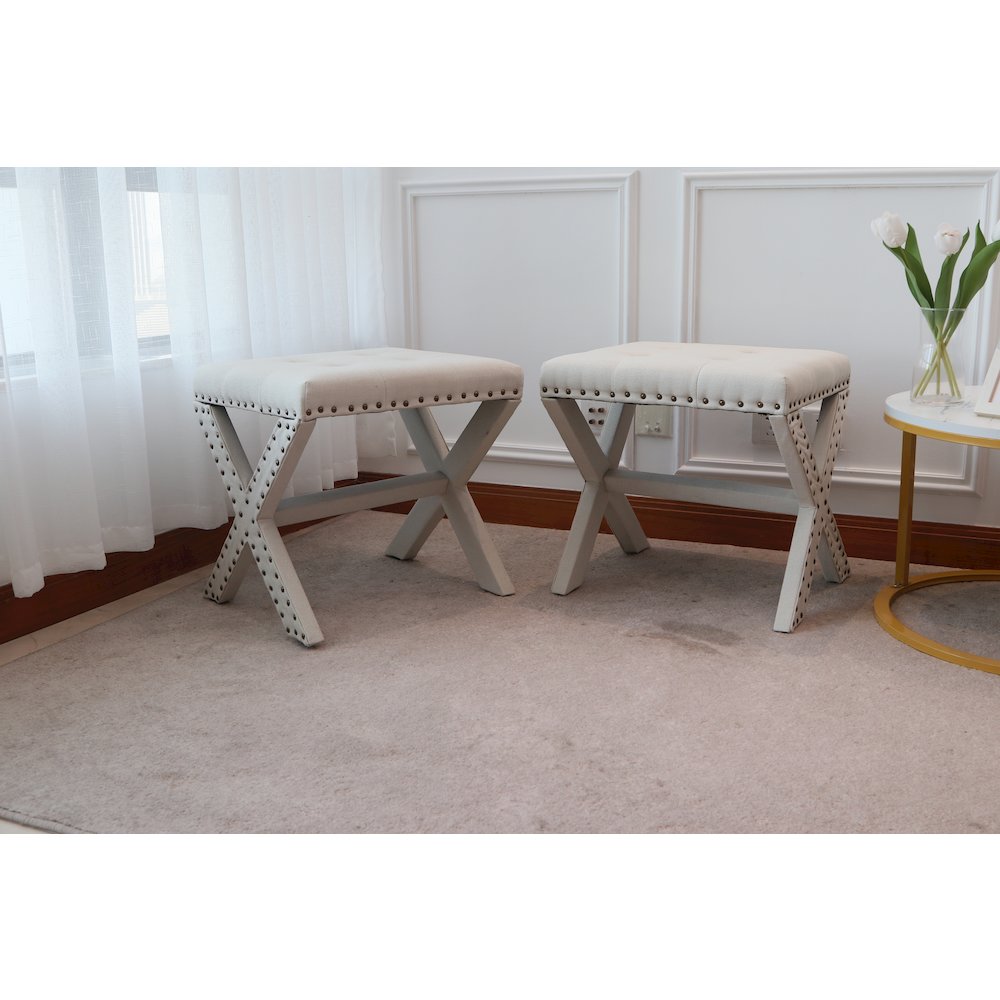 Modern Chic Vanity Stool X-Base Ottoman With Nailhead Trim (Set of 2). Picture 3