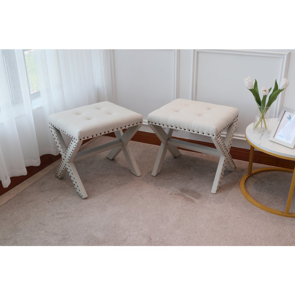 Modern Chic Vanity Stool X-Base Ottoman With Nailhead Trim (Set of 2). Picture 5