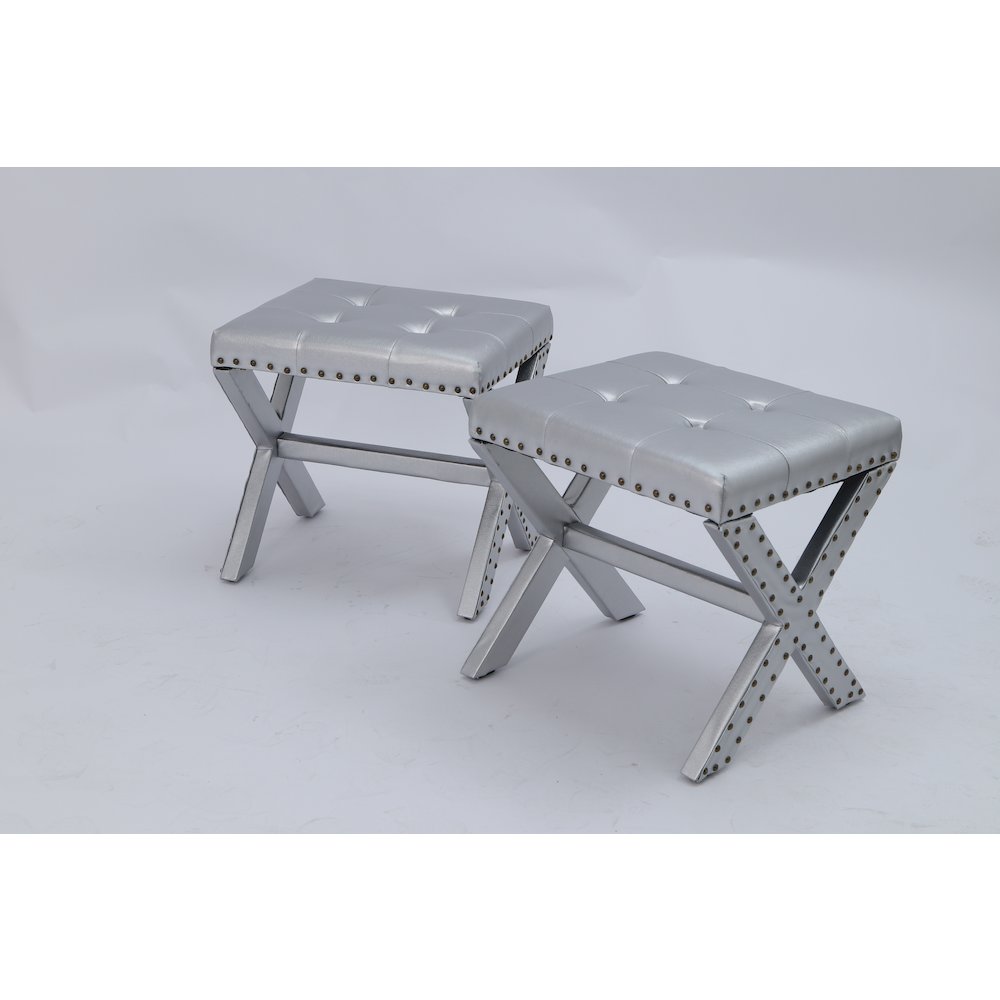 Modern Chic Vanity Stool X-Base Ottoman With Nailhead Trim (Set of 2). Picture 3