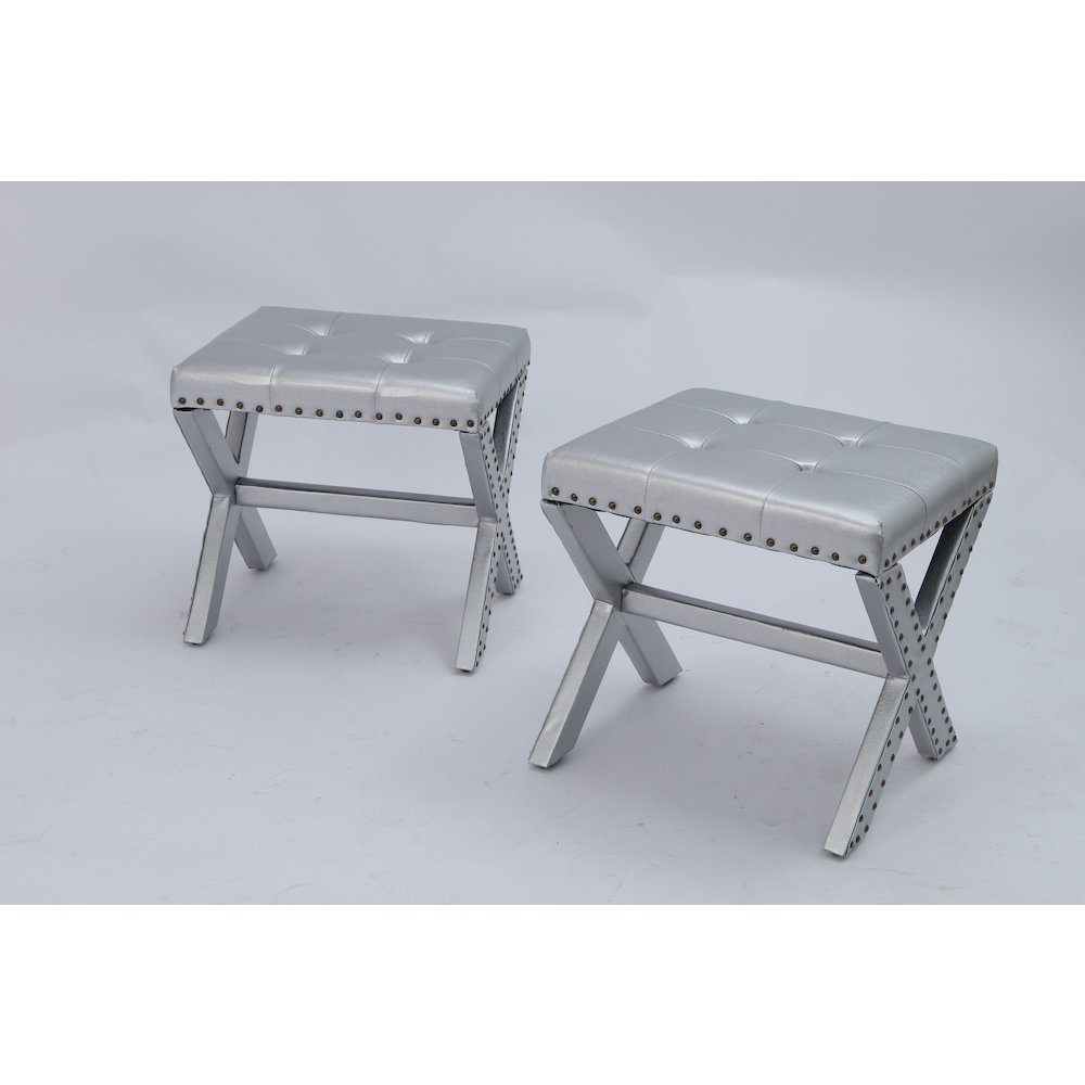 Modern Chic Vanity Stool X-Base Ottoman With Nailhead Trim (Set of 2). Picture 4