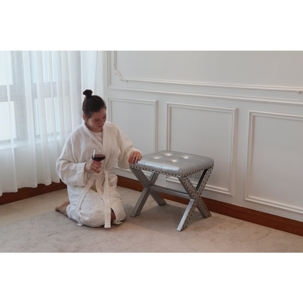 Modern Chic Vanity Stool X-Base Ottoman With Nailhead Trim (Set of 2). Picture 5