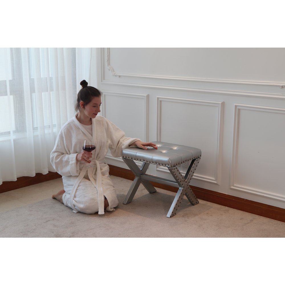 Modern Chic Vanity Stool X-Base Ottoman With Nailhead Trim (Set of 2). Picture 6