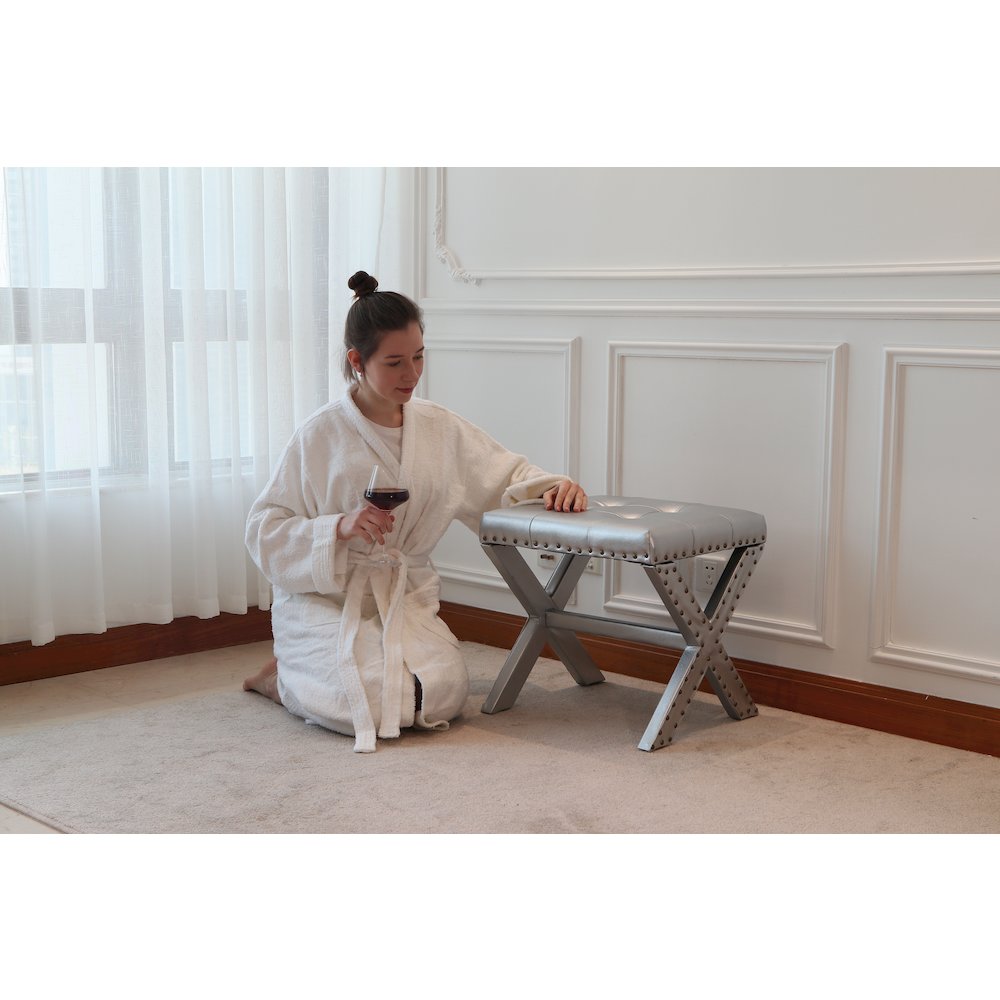 Modern Chic Vanity Stool X-Base Ottoman With Nailhead Trim (Set of 2). Picture 7
