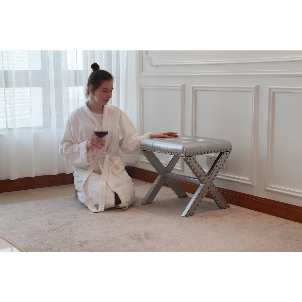 Modern Chic Vanity Stool X-Base Ottoman With Nailhead Trim (Set of 2). Picture 8