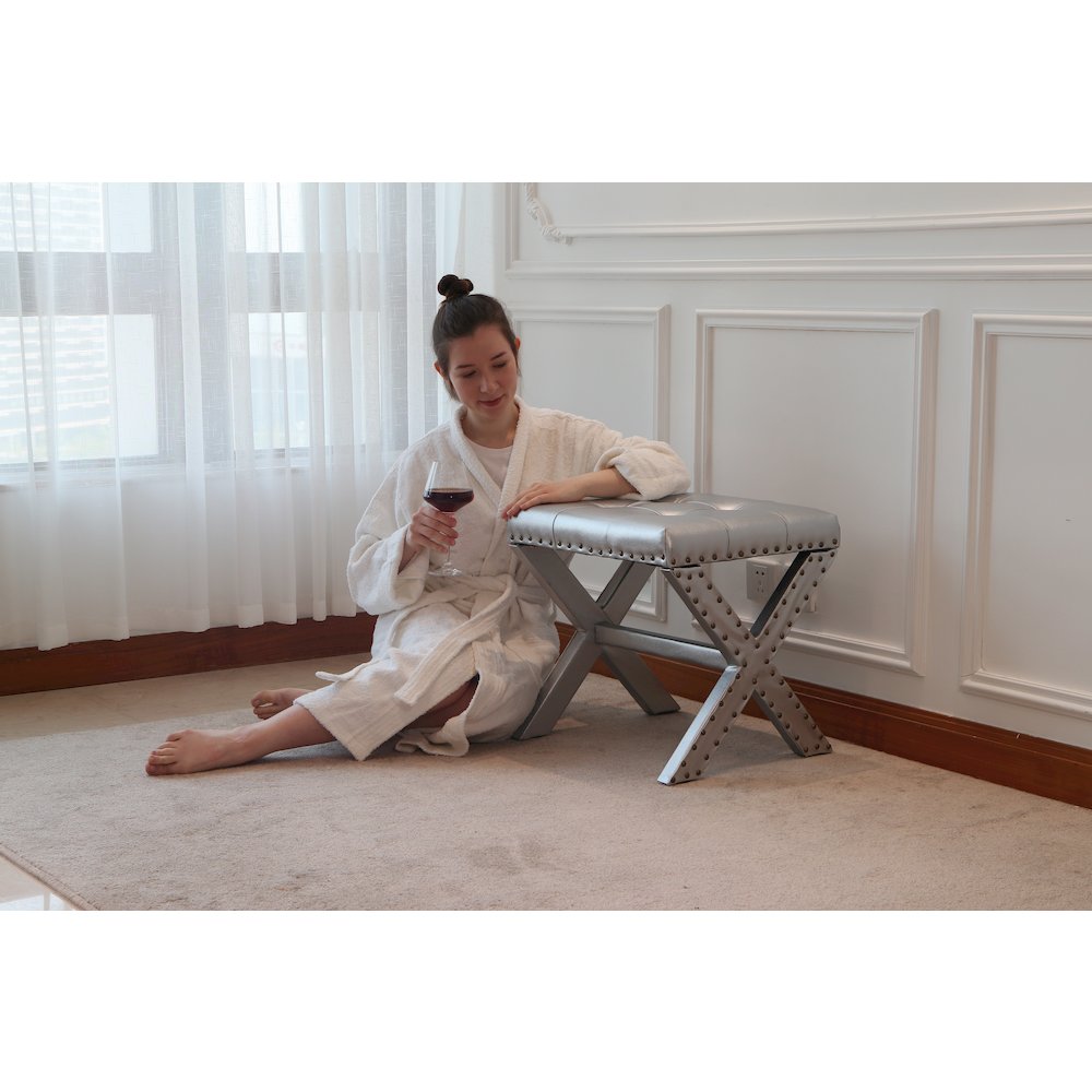 Modern Chic Vanity Stool X-Base Ottoman With Nailhead Trim (Set of 2). Picture 9
