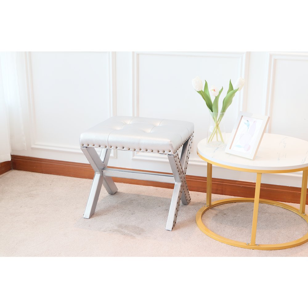 Modern Chic Vanity Stool X-Base Ottoman With Nailhead Trim (Set of 2). Picture 7