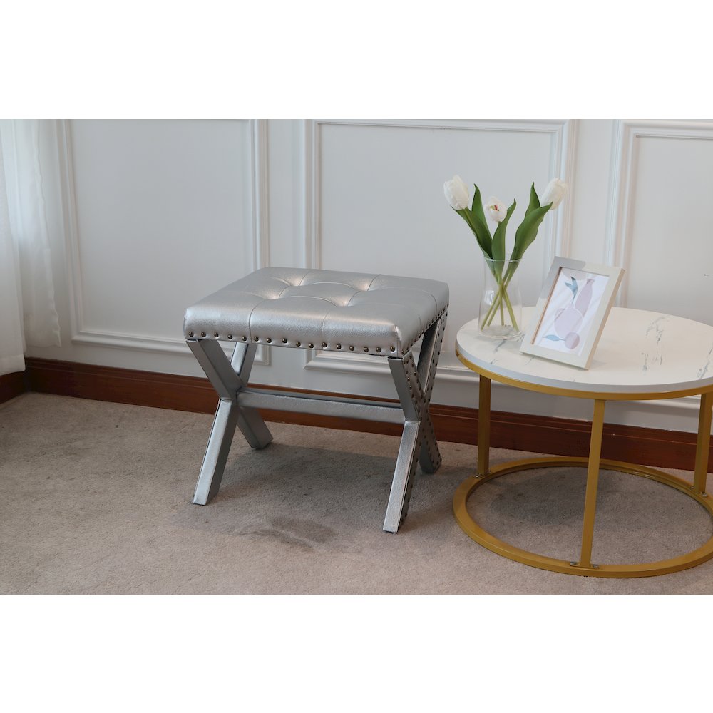 Modern Chic Vanity Stool X-Base Ottoman With Nailhead Trim (Set of 2). Picture 10