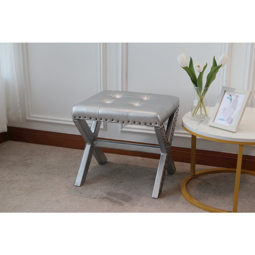 Modern Chic Vanity Stool X-Base Ottoman With Nailhead Trim (Set of 2). Picture 11