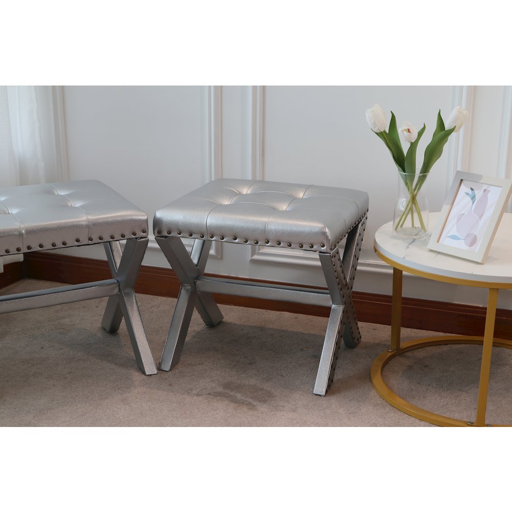 Modern Chic Vanity Stool X-Base Ottoman With Nailhead Trim (Set of 2). Picture 12