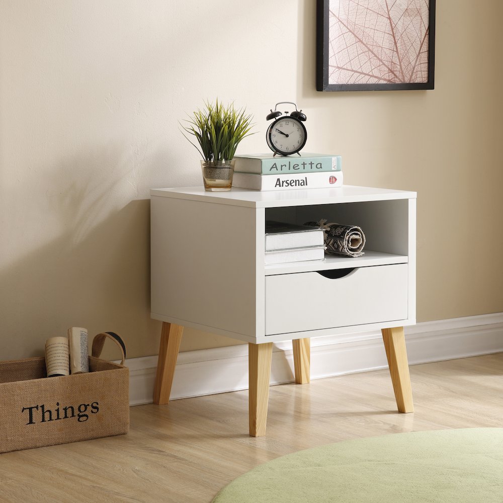 Mid-Century Modern Jeff Night Stand, End Table Bed Room Accent Side Table, White. Picture 2