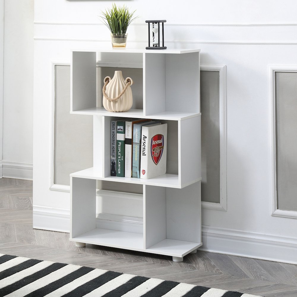 Modern Staggered 3-Shelf Manor Bookcase, White. Picture 2