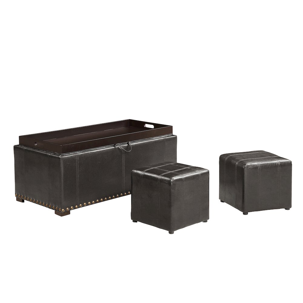 Leather Storage Bench with 2 Side Ottomans, Black. Picture 1