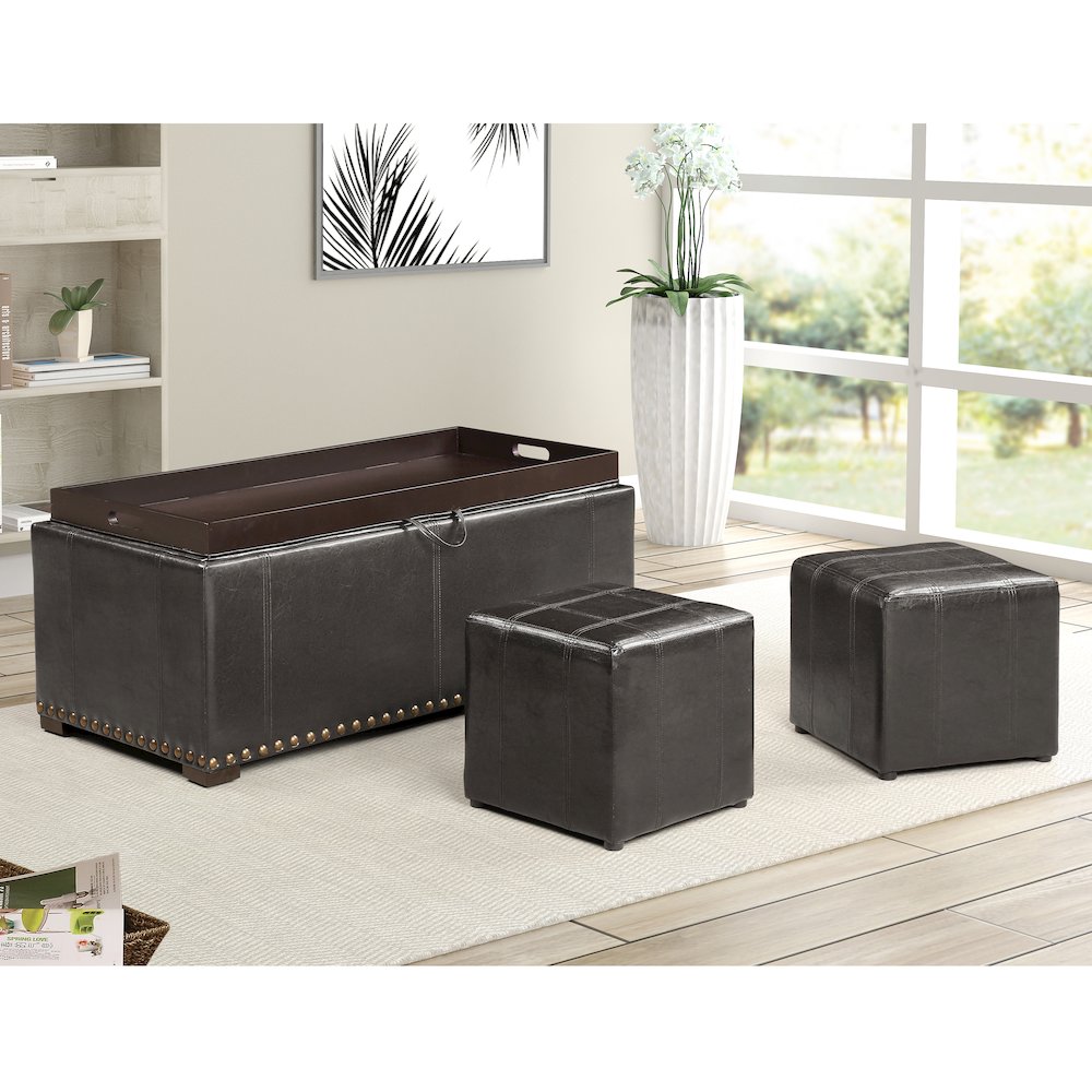 Leather Storage Bench with 2 Side Ottomans, Black. Picture 3