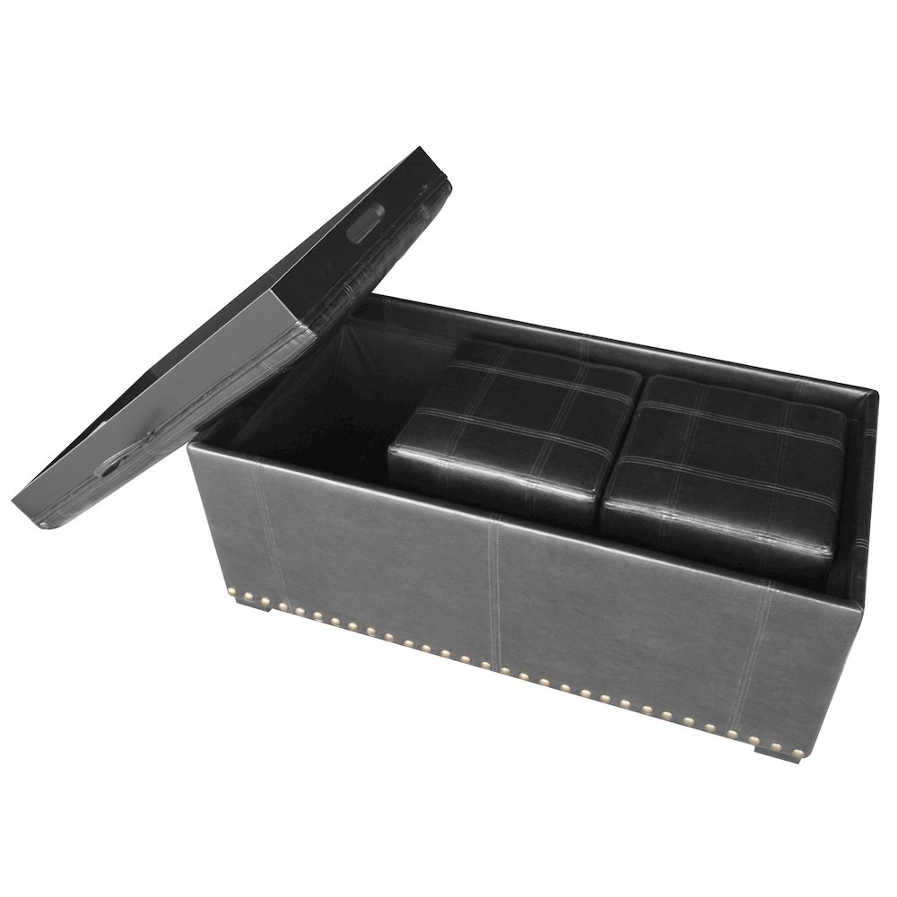 Leather Storage Bench with 2 Side Ottomans, Black. Picture 2