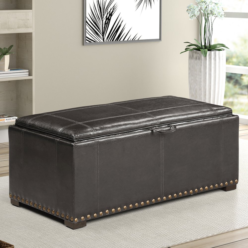 Leather Storage Bench with 2 Side Ottomans, Black. Picture 5