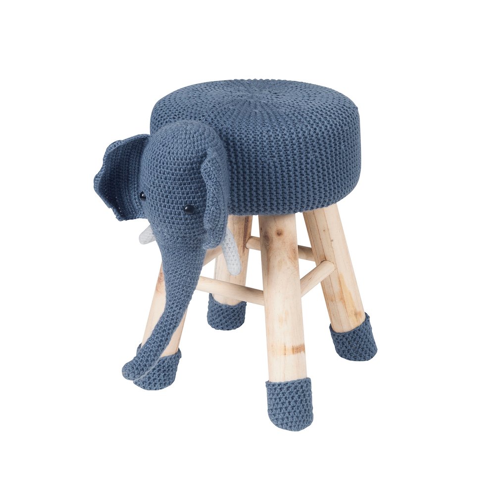 Children's Modern Woven Animal Ottoman Stool with Wooden Legs, Elephant, Blue. Picture 1