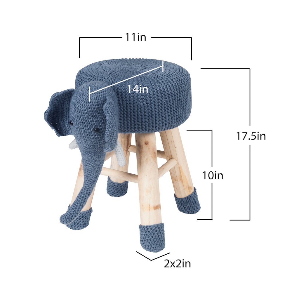 Children's Modern Woven Animal Ottoman Stool with Wooden Legs, Elephant, Blue. Picture 4
