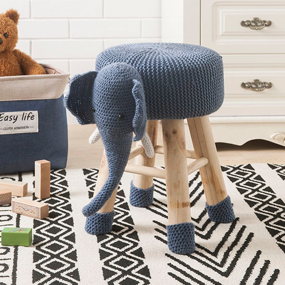 Children's Modern Woven Animal Ottoman Stool with Wooden Legs, Elephant, Blue. Picture 5