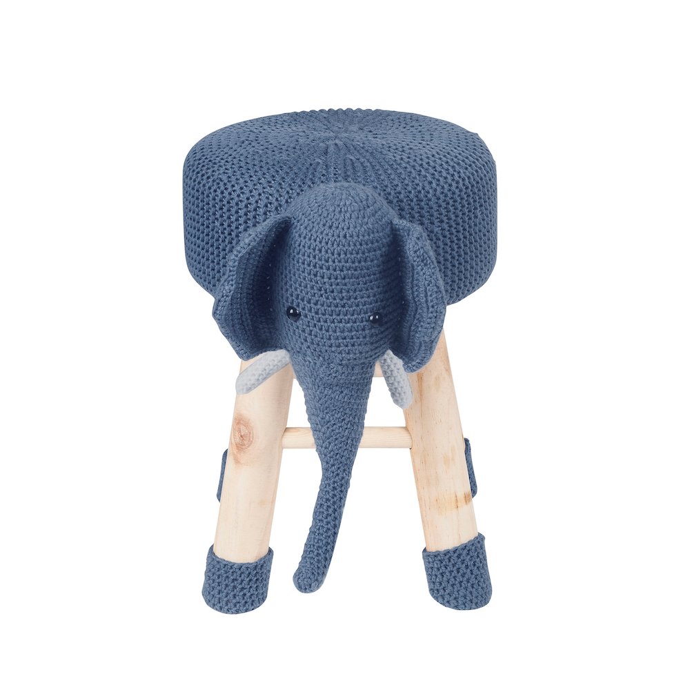 Children's Modern Woven Animal Ottoman Stool with Wooden Legs, Elephant, Blue. Picture 2