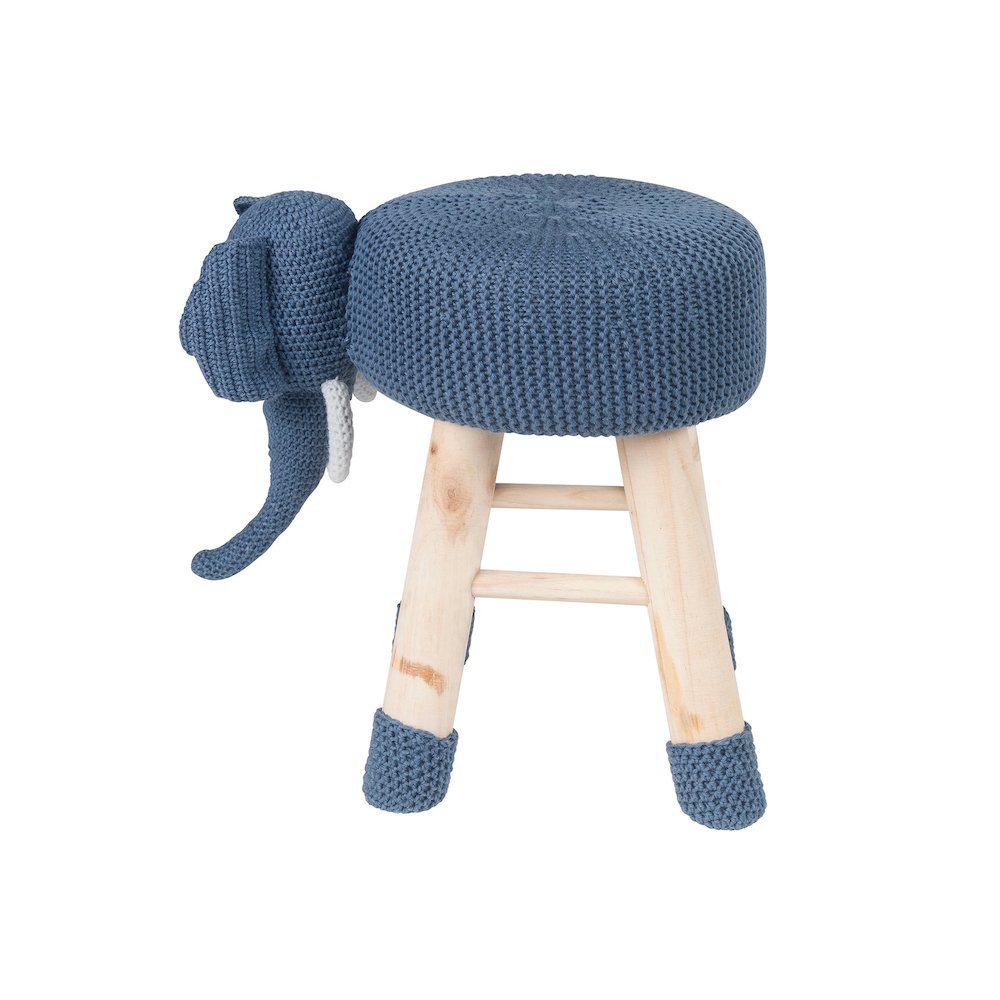 Children's Modern Woven Animal Ottoman Stool with Wooden Legs, Elephant, Blue. Picture 3