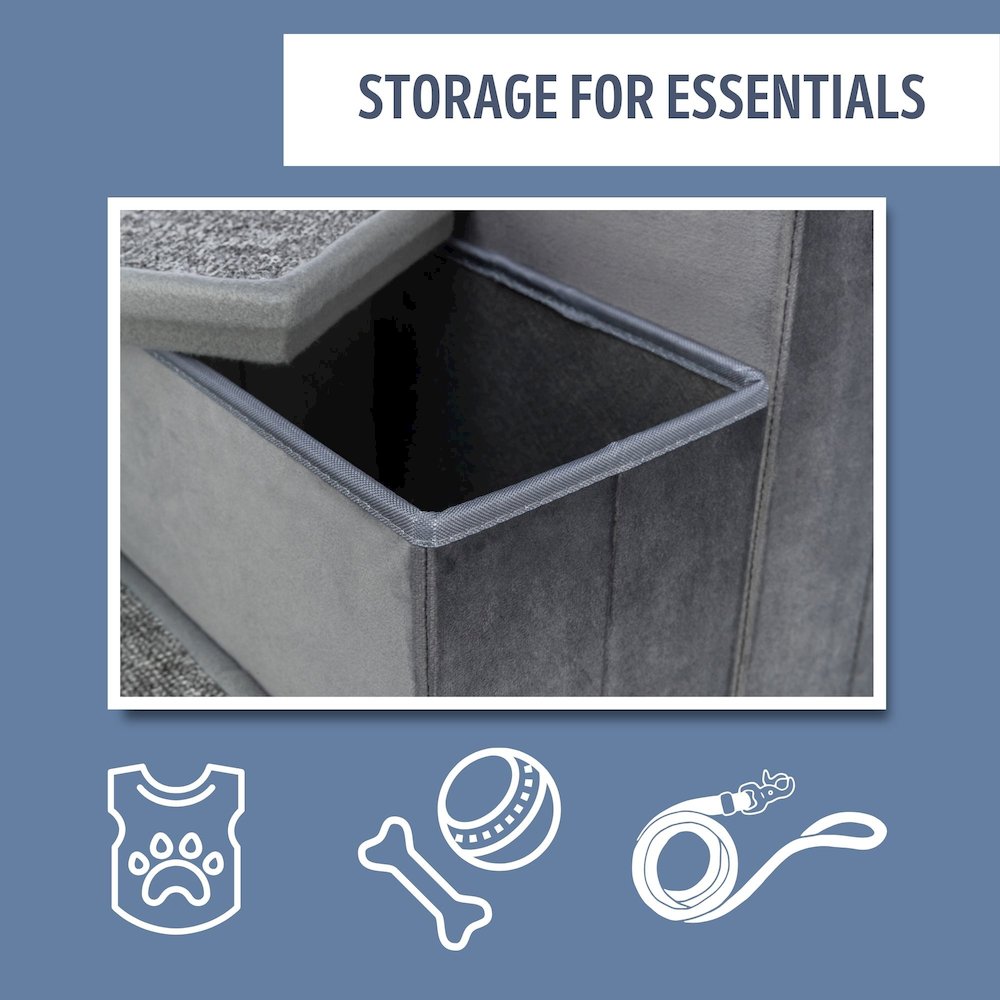 4-Step Foldable Velour Pet Stairs with Storage, Gray. Picture 6