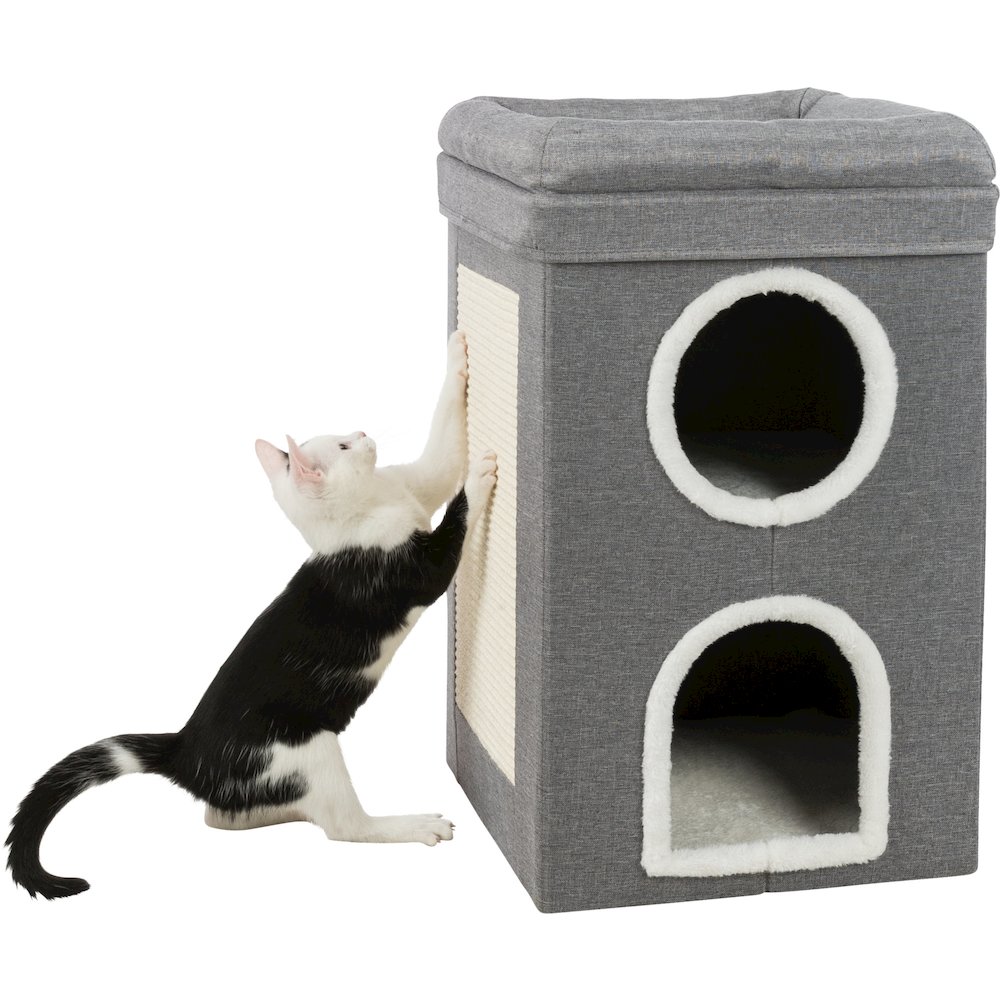 Saul 25" Cat Tower, 2-Story Cat Condo, Sisal Cat Scratcher, Cat Cube, Gray. Picture 3