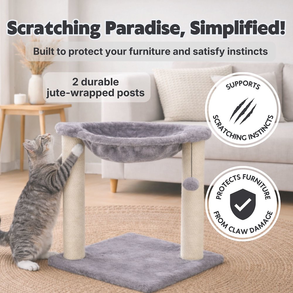 Baza Jute 19.7" Cat Scratching Posts with Hammock & Hanging Cat Toy, Gray. Picture 3