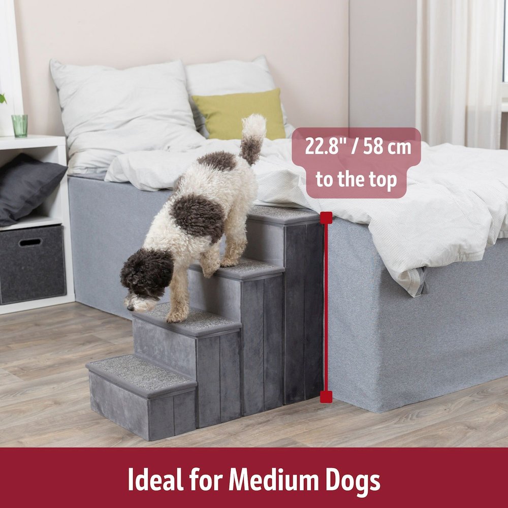 4-Step Foldable Velour Pet Stairs with Storage, Gray. Picture 5