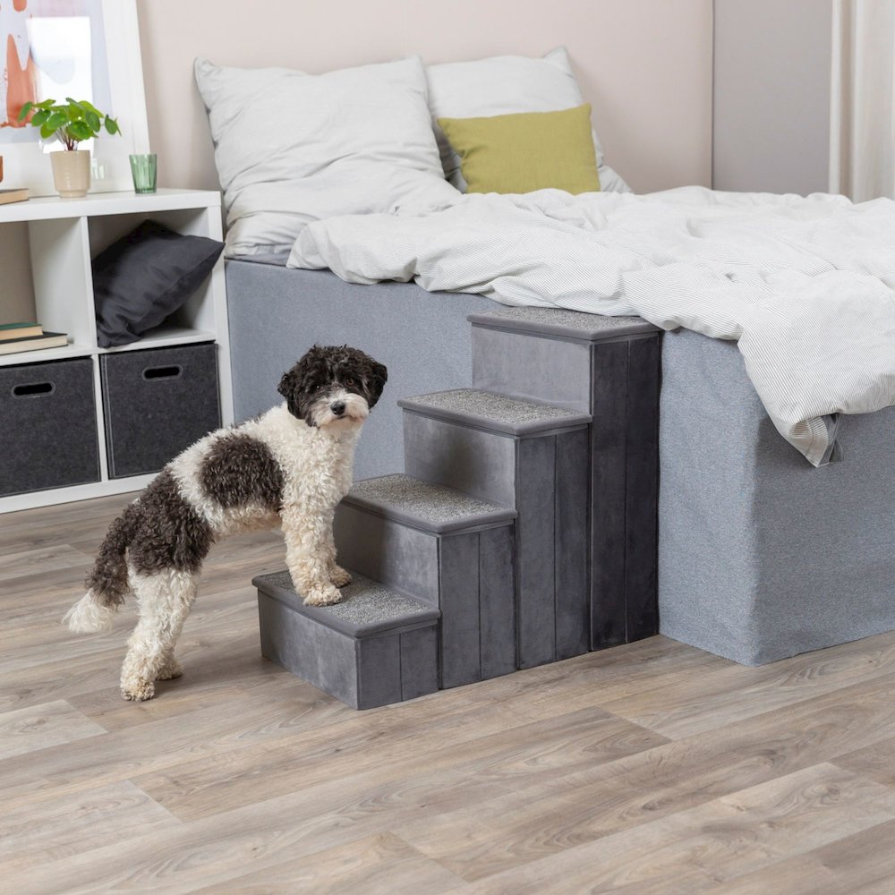 4-Step Foldable Velour Pet Stairs with Storage, Gray. Picture 2