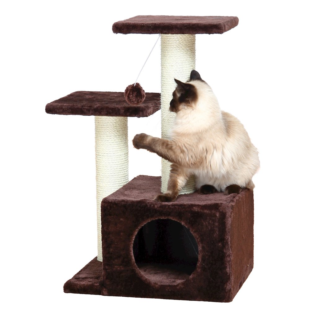 Valencia Plush & Sisal 3-Level 28" Cat Tree with Scratching Posts & Condo, Brown. Picture 3