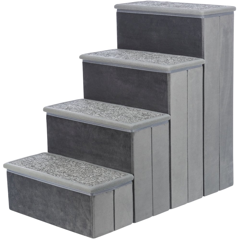 4-Step Foldable Velour Pet Stairs with Storage, Gray. Picture 1