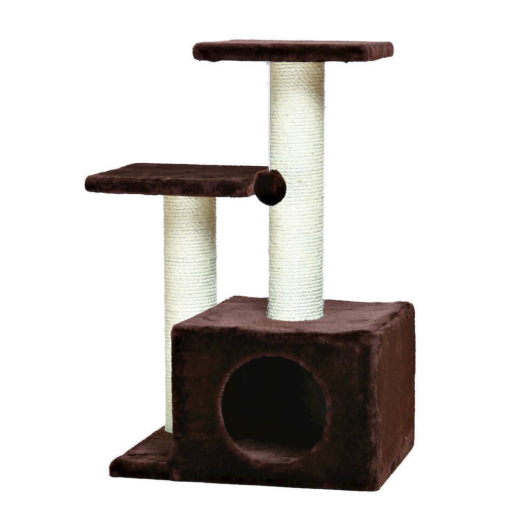 Valencia Plush & Sisal 3-Level 28" Cat Tree with Scratching Posts & Condo, Brown. Picture 1