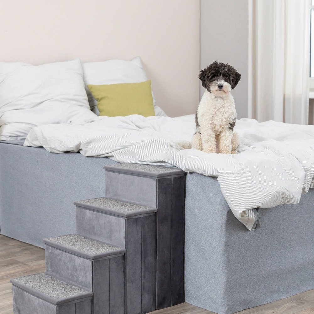4-Step Foldable Velour Pet Stairs with Storage, Gray. Picture 3