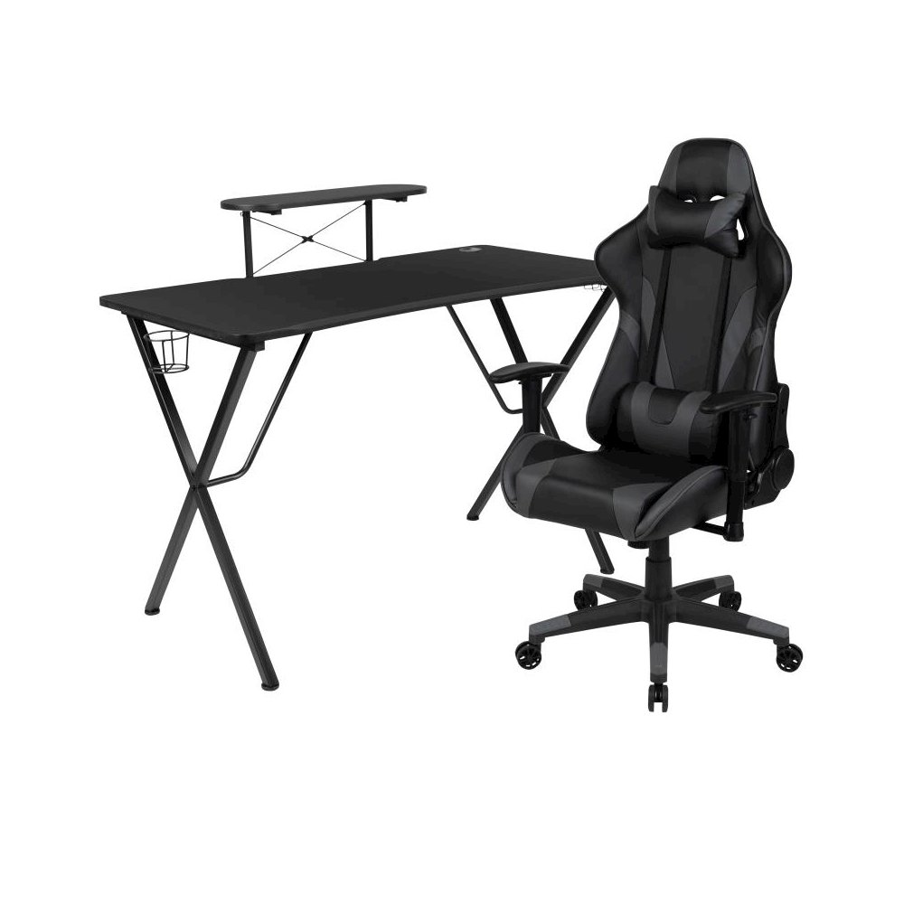 Black Gaming Desk and Gray Reclining Gaming Chair Set with Cup Holder, Headphone Hook, and Monitor/Smartphone Stand. Picture 1