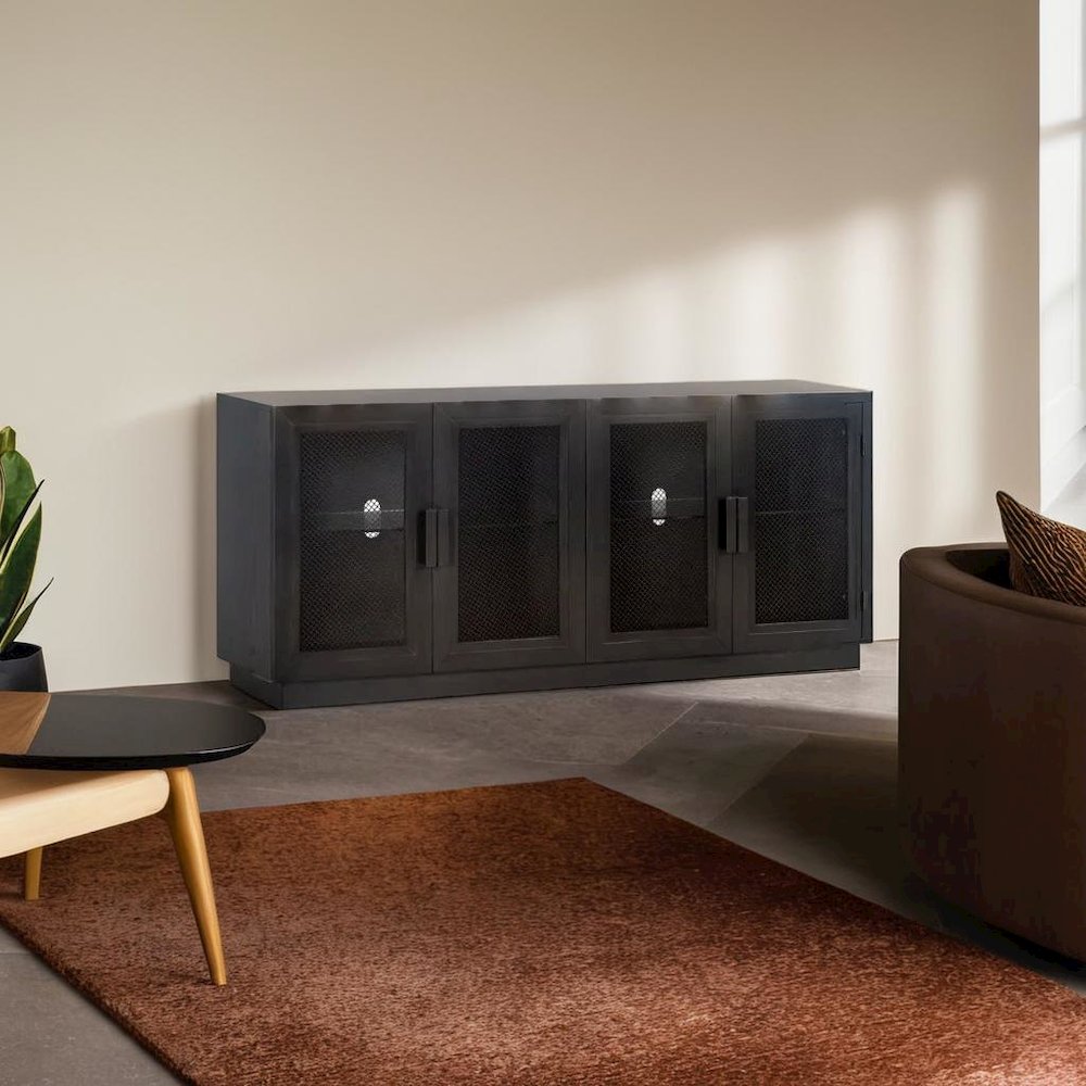 Sleek Black Wood Media Console with Adjustable Shelves for Modern Living. Picture 5