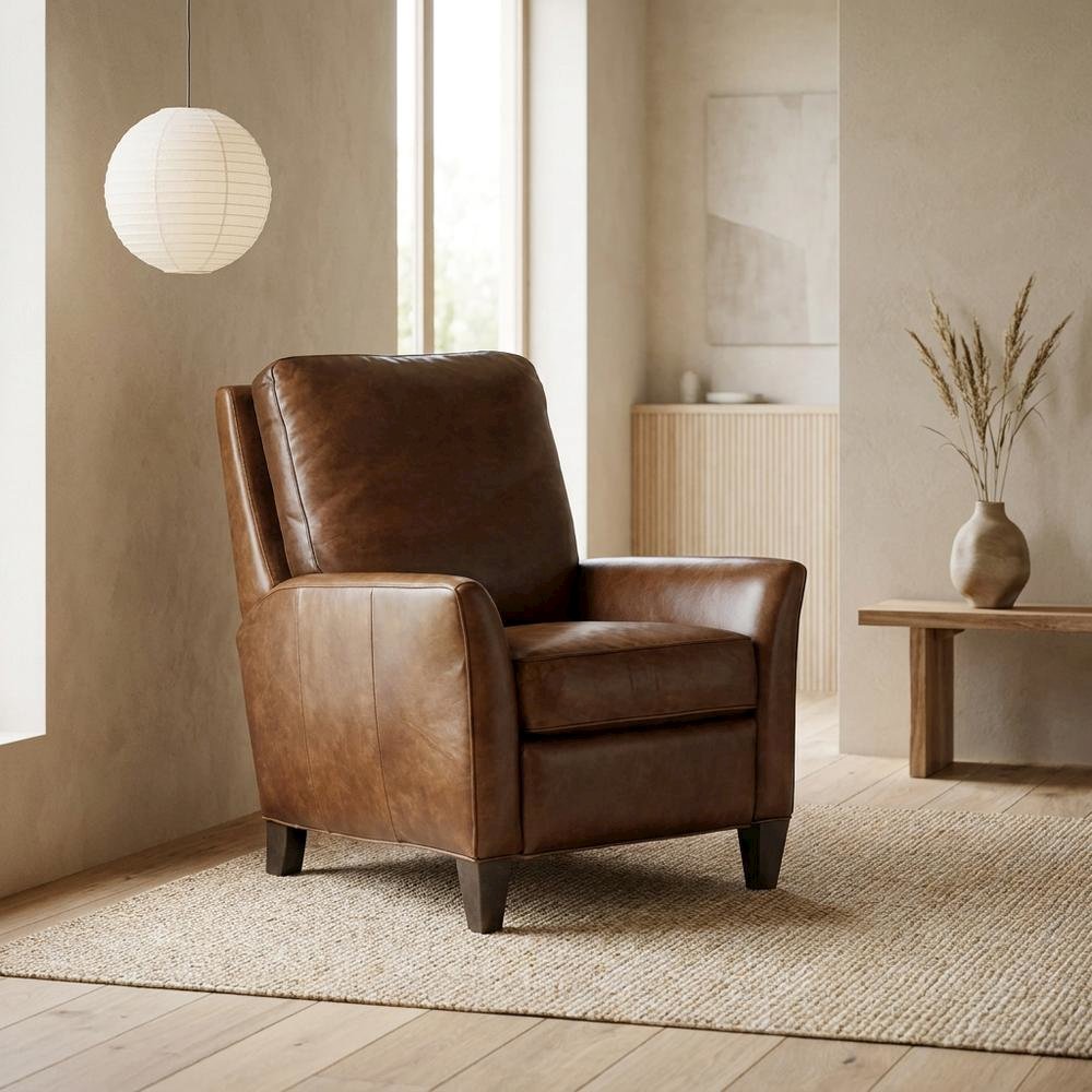 Shasta Aniline Top Grain Leather Recliner Chair with Fixed Arms, Brown. Picture 2