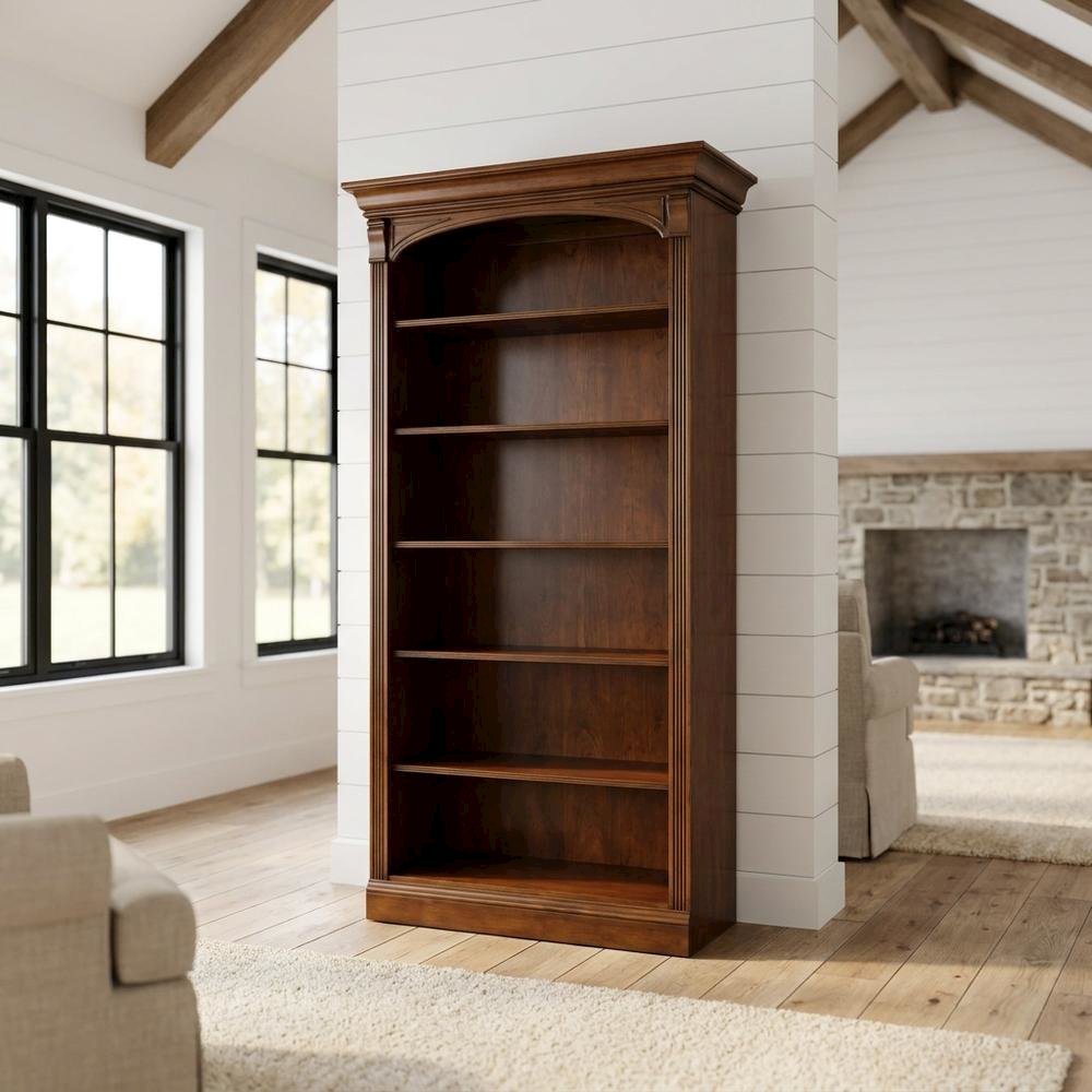 Cherry Veneer Tall Open Bookshelf with Distressed Wood Shelves for Office, Brown. Picture 2