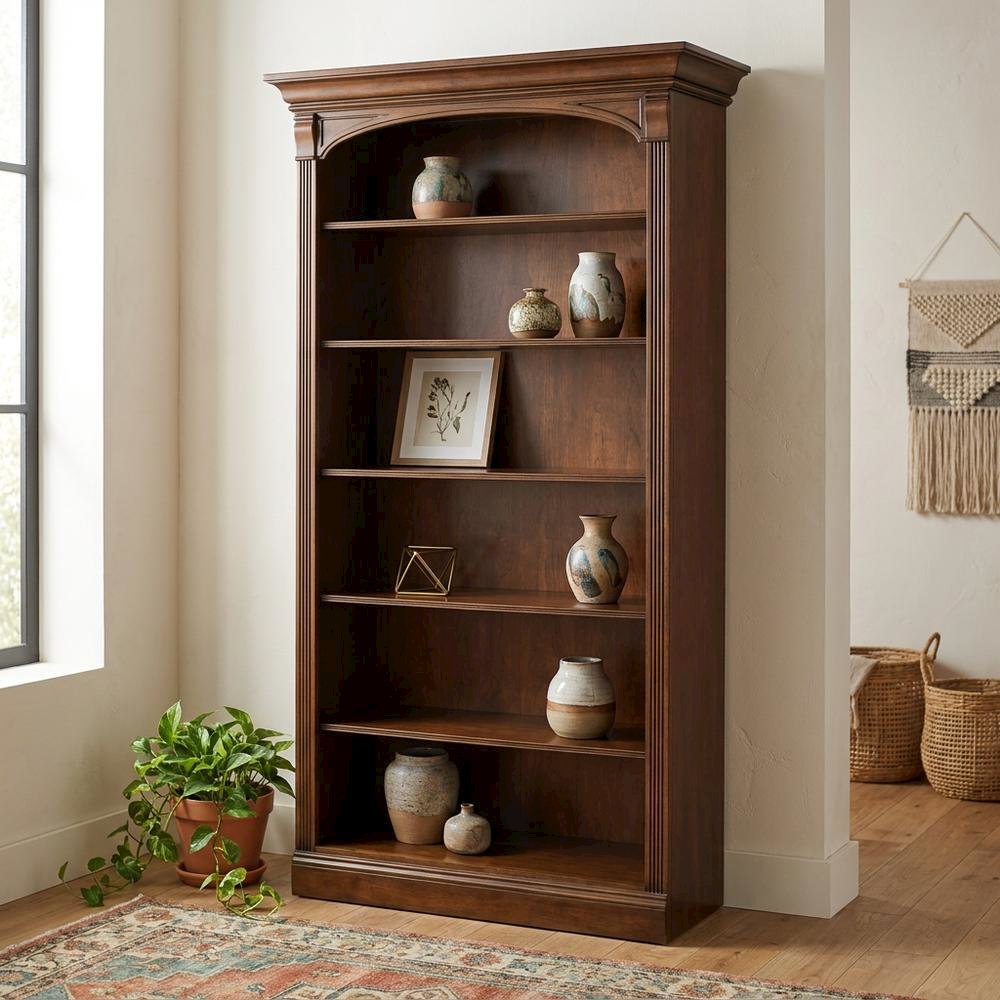 Cherry Veneer Tall Open Bookshelf with Distressed Wood Shelves for Office, Brown. Picture 3
