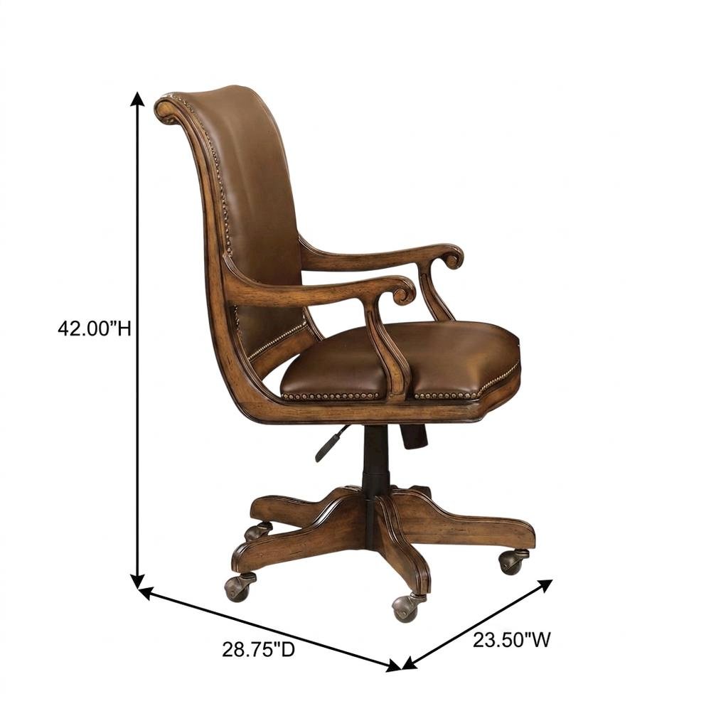 Split Grain Leather High-Back Office Chair with Fixed Arms, Wood Bankers, Brown. Picture 5