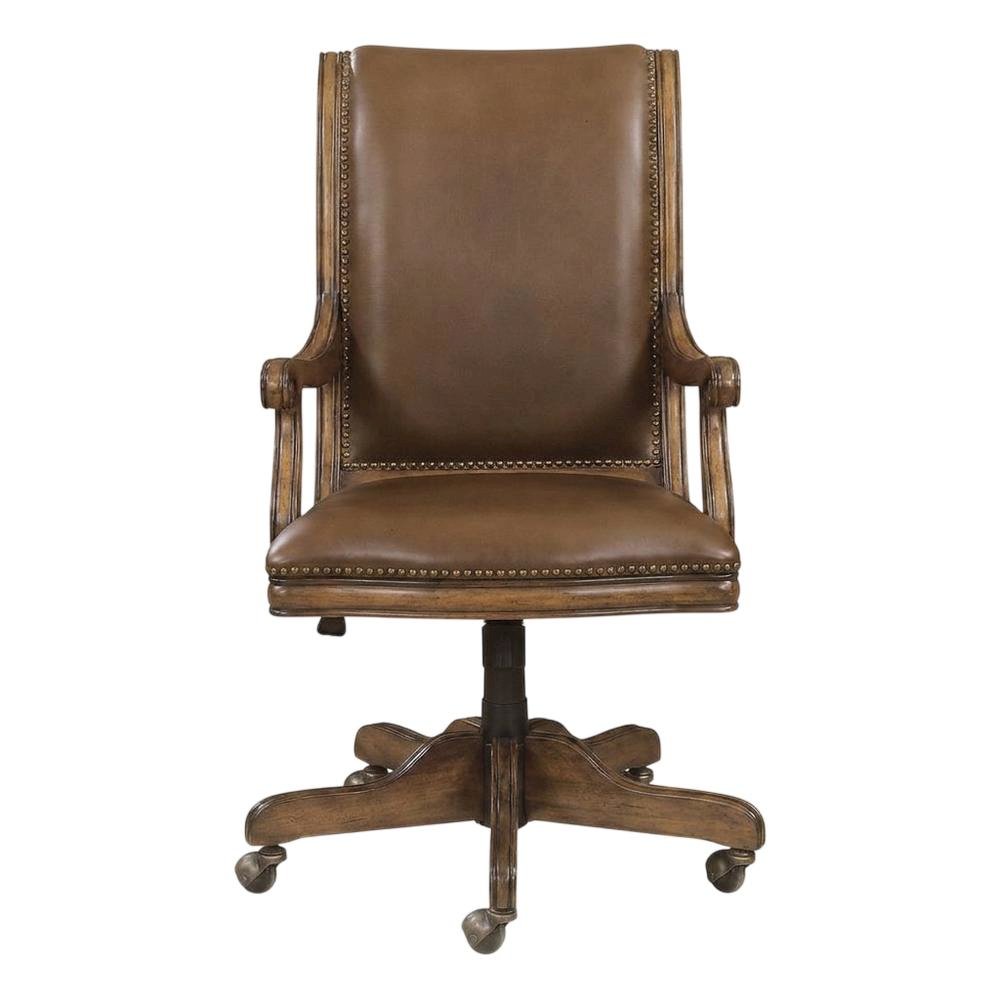 Split Grain Leather High-Back Office Chair with Fixed Arms, Wood Bankers, Brown. Picture 1