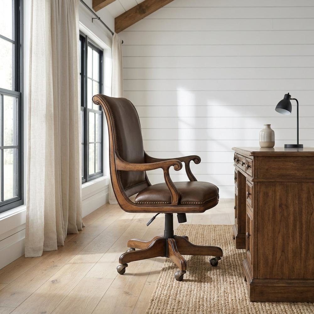 Split Grain Leather High-Back Office Chair with Fixed Arms, Wood Bankers, Brown. Picture 2