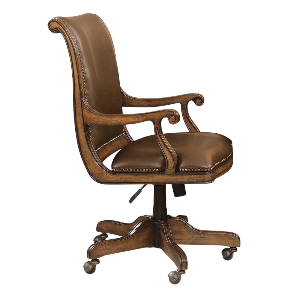 Split Grain Leather High-Back Office Chair with Fixed Arms, Wood Bankers, Brown. Picture 4